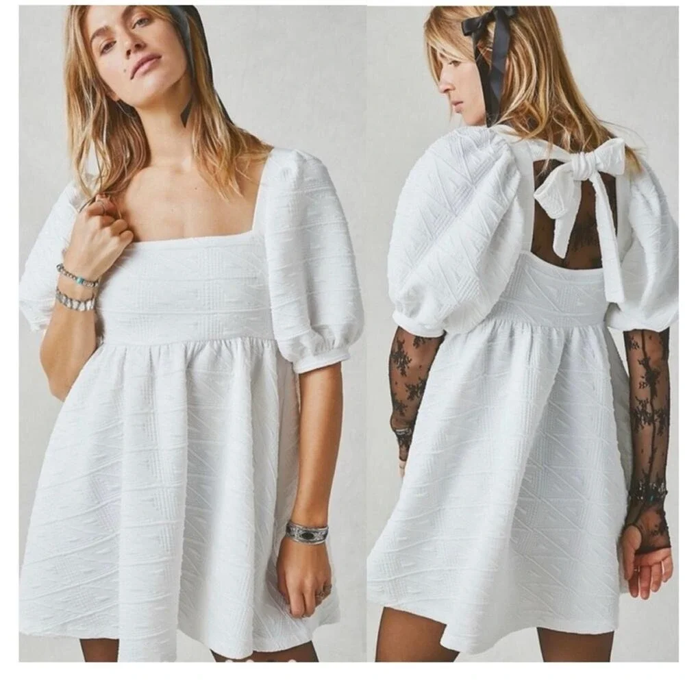 NWT Free People Violet Puff Sleeve Mini Dress S White